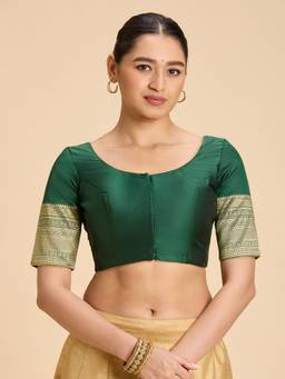 Studio Shringaar - Green Women's Silky Taffeta Saree Kanjivaram Border Print Blouse