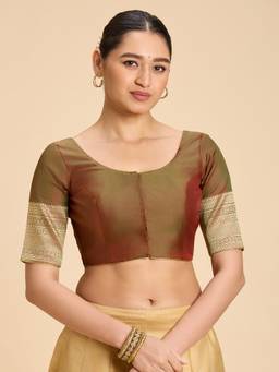 Studio Shringaar - Brown Women's Silky Taffeta Saree Kanjivaram Border Print Blouse