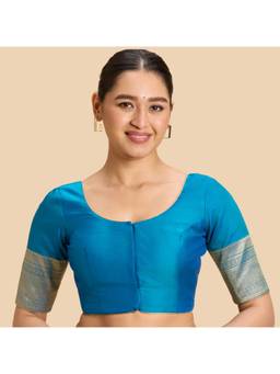 Studio Shringaar - Blue Women's Silky Taffeta Saree Kanjivaram Border Print Blouse