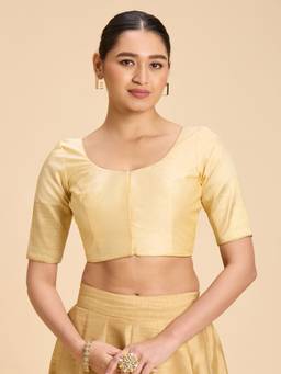 Studio Shringaar - Gold Women's Silky Taffeta Saree Kanjivaram Border Print Blouse
