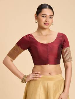 Studio Shringaar - Maroon Women's Silky Taffeta Saree Kanjivaram Border Print Blouse