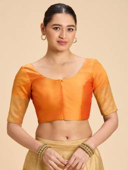 Studio Shringaar - Orange Women's Silky Taffeta Saree Kanjivaram Border Print Blouse