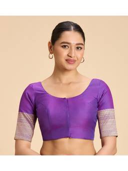 Studio Shringaar - Purple Women's Silky Taffeta Saree Kanjivaram Border Print Blouse