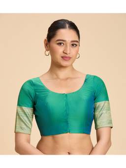 Studio Shringaar - Aqua Women's Silky Taffeta Saree Kanjivaram Border Print Blouse