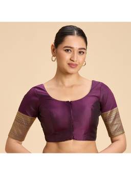 Studio Shringaar - Wine Women's Silky Taffeta Saree Kanjivaram Border Print Blouse