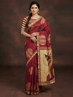 URBAN PALLU - Elegant Women Maroon Printed Lace Work Saree
