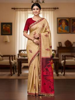 URBAN PALLU - Elegant Women Beige Printed Lace Work Saree
