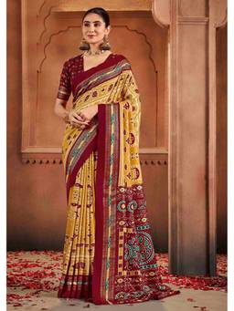 URBAN PALLU - Elegant Women Yellow Printed Woven Saree