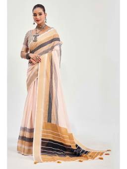 URBAN PALLU - Trendy Women Cream Stripes Printed Saree