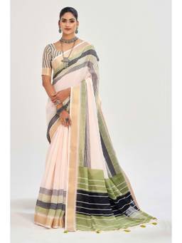 URBAN PALLU - Designer Women Cream Stripes Printed Saree