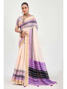 URBAN PALLU - Stylish Women Cream Stripes Printed Saree