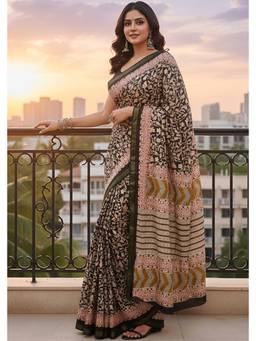 URBAN PALLU - Elegant Women Black Floral Woven Saree