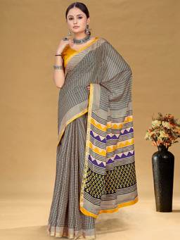 URBAN PALLU - Stylish Women Grey Printed Woven Saree