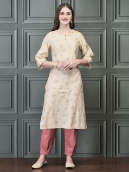 Shree - Beige Round Neck Printed Kurta