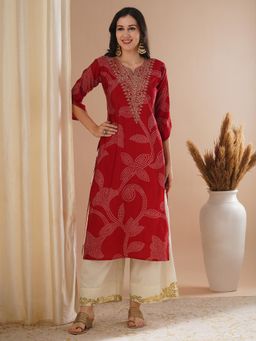 FASHOR - Red Round Neck Printed Kurta