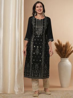 FASHOR - Black Round Neck Printed Kurta