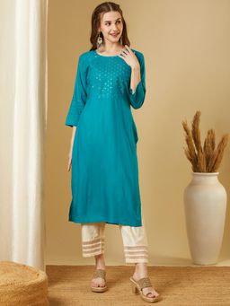 FASHOR - Turquoise Round Neck Embroidered Kurta