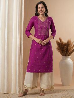 FASHOR - Purple V-Neck Embroidered Kurta