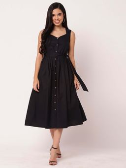 Moomaya - Women Black Solid Midi Dress with Belt (Set of 2)