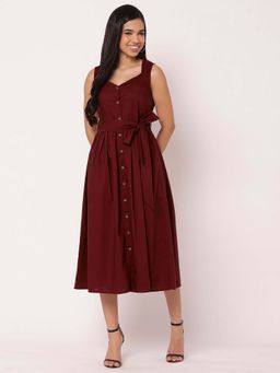 Moomaya - Women Maroon Solid Midi Dress with Belt (Set of 2)