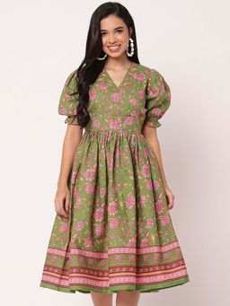 Moomaya - Women Green Floral Knee Length Dress
