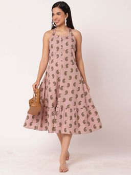 Moomaya - Women Peach Paisley Midi Dress