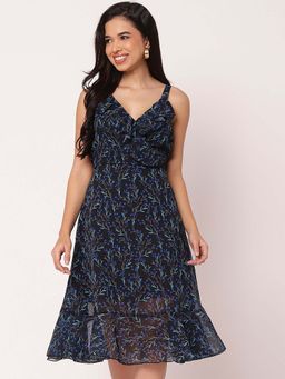 Moomaya - Women Black Printed Knee Length Dress