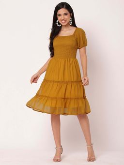 Moomaya - Women Mustard Solid Knee Length Dress