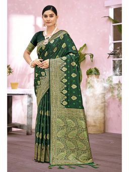 Sangam Prints - Dark Green Silk Woven Zari Work Traditional Tassel Saree with Unstitched Blouse