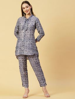 FASHOR - Batik Printed Buttoned High-low Hem Kurta With Pants - Blue (Set of 2)