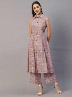 FASHOR - Ethnic Geometric And Stripes Printed A-line Kurta With Palazzo - Pink (Set of 2)
