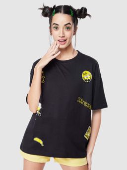 Bewakoof - Women's Black Minion Badges Graphic Printed Oversized T-shirt