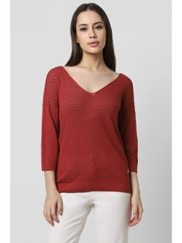 Van Heusen - Women Red Self Design V-Neck Sweater