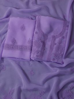 ADA - Hand Embroidered Lavender Georgette Lucknowi Chikankari Dress Material (Set of 3)