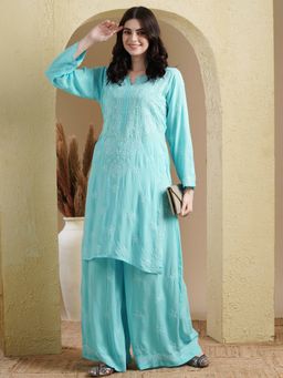 ADA - Hand Embroidered Lucknowi Chikankari Blue Modal Kurta with Palazzo (Set of 2)