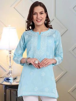 ADA - Hand Embroidered Lucknowi Chikankari Ethnic Motifs Sky Blue Cotton Kurti