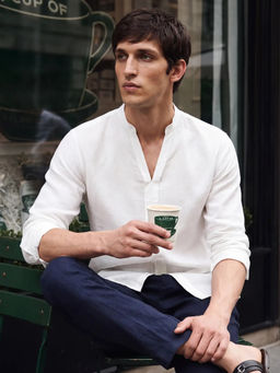 Rare Rabbit - Men's Kurto-26 White Linen Blend Fabric Mandarin Collar Plain Shirt