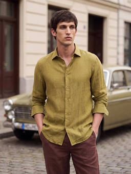 Rare Rabbit - Mens Mavi-S26 Mustard Fabric Plain Shirt