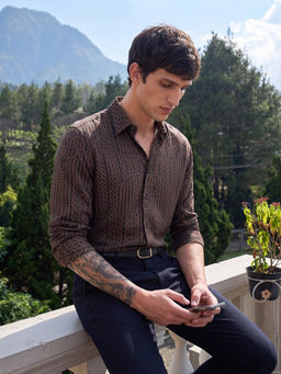 Rare Rabbit - Mens Chel Brown Cotton Blend Fabric Geometric Print Shirt