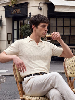Rare Rabbit - Men Off White Cotton Collar Neck Polo T-Shirt