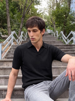 Rare Rabbit - Men Black Cotton Collar Neck Polo T-Shirt