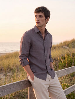 Rare Rabbit - Men Grey Linen Collar Neck Shirt