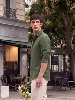 Rare Rabbit - Men Green Linen Collar Neck Shirt