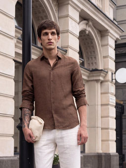 Rare Rabbit - Men Brown Linen Collar Neck Shirt