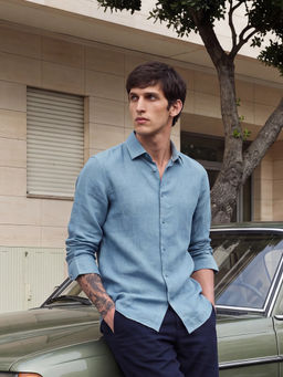 Rare Rabbit - Men Blue Linen Collar Neck Shirt