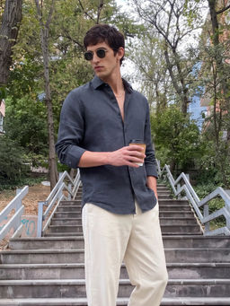 Rare Rabbit - Men Blue Linen Collar Neck Shirt