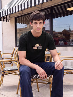 Rare Rabbit - Men Black Cotton Crew Neck T-Shirt