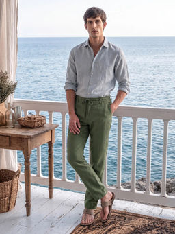 Rare Rabbit - 100% LINEN REGULAR FIT DRAWSTRING Trouser - Green