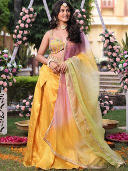 Lavanya The Label - Mustard Embroidered Lehenga (Set of 3)