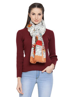 Shingora - White Pure Wool Printed Fringed Women Shawl